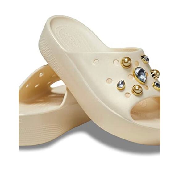 Crocs Classic Slide customized with Jibbitz Charms Sz 10 Cream Ivory Gold Bling - Picture 1 of 8